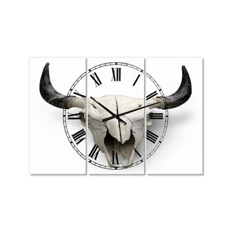 White Cow Skull with Black Horns Oversized Farmhouse 3 Panels Wall Clock - 38" x 38" x 1"