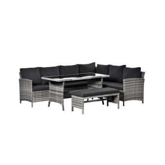 4 Pieces Patio Wicker Dining Sets, Outdoor PE Rattan Sectional Conversation Set with Cushions & Dining Table, Bench for Garden, Backyard, Lawn,  Charcoal Grey