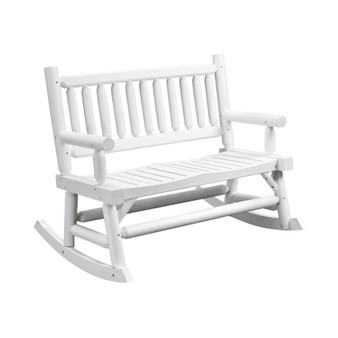 2-Person Wood Rocking Chair with Log Design, Heavy Duty Loveseat with Wide Curved Seats for Patio, Backyard, Garden, White