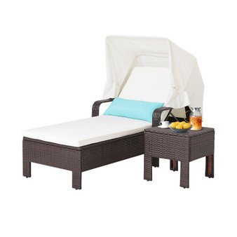 2PCS Patio Rattan Lounge Chair Chaise with Side Table Folding Canopy Cushion Pillow