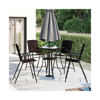 Outdoor Patio PE Wicker 5-Piece Counter Height Dining Table Set with Umbrella Hole and 4 Foldable Chairs, Brown
