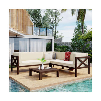 Outdoor Wood Patio Backyard 4-Piece Sectional Seating Group with Cushions and Table X-Back Sofa Set for Small Places, Brown Finish Beige Cushions