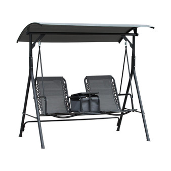 2-Seat Patio Swing Chair, Outdoor Canopy Swing Glider with Pivot Storage Table, Cup Holder, Adjustable Shade, Bungie Seat Suspension and Weather Resistant Steel Frame, Grey