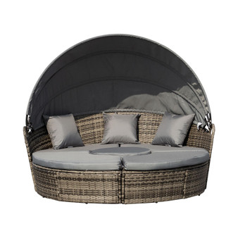 4pc Rattan Patio Furniture Set, Round Convertible Daybed or Sunbed, Adjustable Sun Canopy, Sectional Outdoor Sofa, 2 Chairs, Table, 3 Pillows, PE Plastic Wicker, Dark Grey