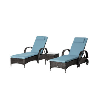 3 Piece Outdoor Furniture Set, 2 Reclining Chaise Lounge Chairs, Rolling Wheels, Armrests, Headrests, Thickly Cushioned, 1 Side Table, PE Plastic Rattan, Blue