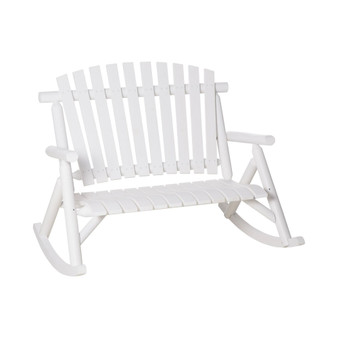 Wooden Porch Rocking Chair, Wood Double Adirondack, 2 Person Rocker Bench for Indoor or Outdoor with High Rise Slatted Back, Pre-Painted, White