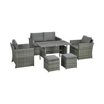 6 Pieces Patio Dining Set, PE Rattan Furniture Set with 2 Chairs Cushions & Outdoor Loveseat Sofa, Woodgrain Slatted Dinner Table, Mixed Gray
