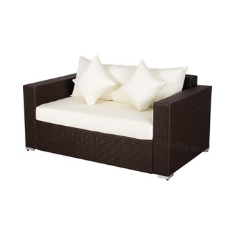 Patio Outdoor Sofa, PE Rattan Wicker Loveseat, Outdoor Couch with 2 Throw Pillows & Comfortable Cushions, Cream White