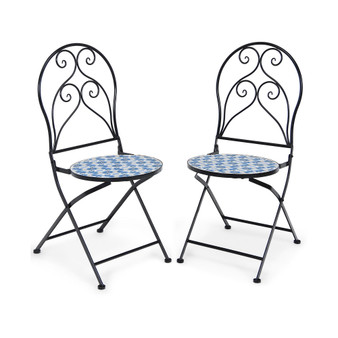 2PCS Patio Folding Mosaic Bistro Chairs Flower Pattern Seat Garden