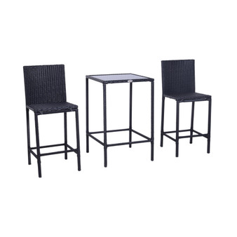 3pcs Rattan Bar Set with Glass Top Table, 2 Bar Stools for Outdoor, Patio, Garden, Poolside, Backyard