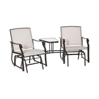Outdoor Glider Chairs with Coffee Table, Patio 2-Seat Rocking Chair Swing Loveseat with Breathable Sling for Backyard, Garden, and Porch, Beige
