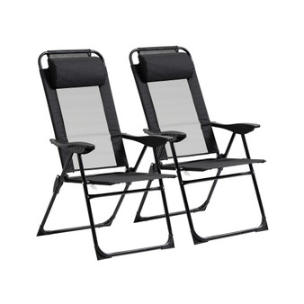 Set of 2 Folding Patio Chairs, Camping Chairs with Adjustable Sling Back, Removable Headrest, Armrest for Garden, Backyard, Lawn, Black