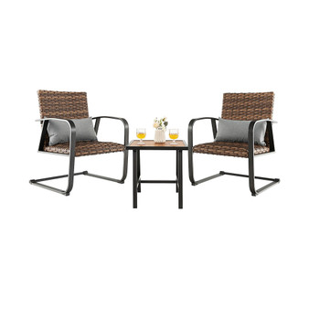 3 PCS Patio Rattan Furniture Bistro Set C-Spring Chair Padded Seat & Back Pillow