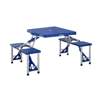 Portable Picnic Table Set, Folding Camping Table with Four Chairs and Umbrella Hole, 4-Seats Aluminum Camping Chair with Table, Blue