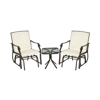 3 Piece Outdoor Glider Chair with Coffee Table Bistro Set, 2 Patio Rocking Swing Chairs with Breathable Sling Fabric, Glass Tabletop, for Backyard, Garden and Porch, Cream White