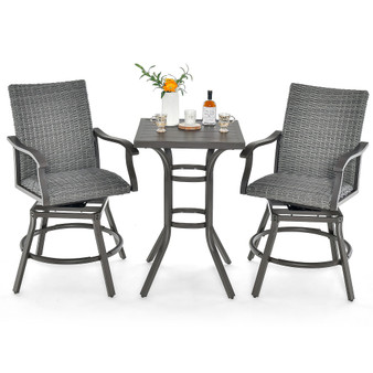 3PCS Patio Rattan Bar Table Stools Set Aluminum 360° Swivel Chairs with Padded Seat