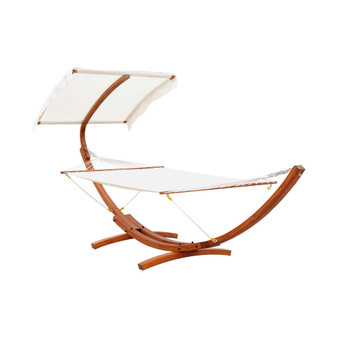 13FT Wooden Arc Hammock with Canopy, Outdoor Hammock Bed with Wood Arc Stand for Patio Balcony Garden Backyard, White