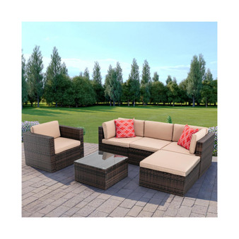 6Pcs Outdoor Garden Patio Furniture PE Rattan Wicker Sectional Cushioned Sofa Sets with 2 Pillows and Coffee Table
