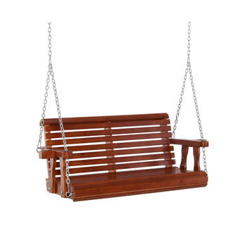 46" 2 Person Wooden Hanging Porch Swing Bench, Slatted Front Porch Swing Outdoor Chair with Cupholder Armrests 440 lbs. Weight Capacity, Brown