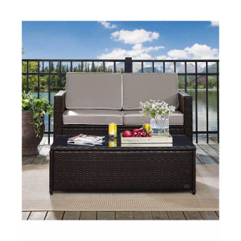 Palm Harbor 2 Piece Outdoor Wicker Seating Set With Cushions- Loveseat And Glass Top Table