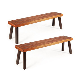 Set of 2 Patio Acacia Wood Dining Bench with Rustic Steel Legs Outdoor Indoor