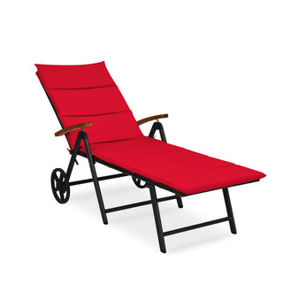 Folding Patio Rattan Lounge Chair Cushioned Aluminum w/ Wheel