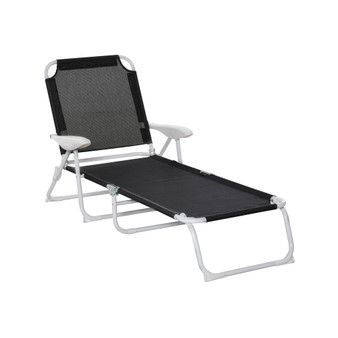 Folding Chaise Lounge, Outdoor Sun Tanning Chair, Four-Position Reclining Back, Armrests, Iron Frame & Mesh Fabric for Beach, Yard, Patio, Black