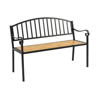 50" Garden Bench, Patio Loveseat with Antique Backrest, Wood Seat and Steel Frame for Backyard or Porch