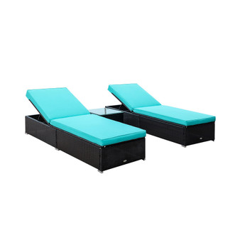 3 Piece Rattan Wicker Chaise Lounge Set, Cushioned Poolside Reclining Lawn Chairs with Tempered Glass Outdoor Side Table, Teal