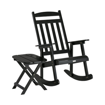 Front Porch Rocking Chair & Table, Outdoor Wooden Patio Rocker & Foldable Table for Backyard, Garden, Black