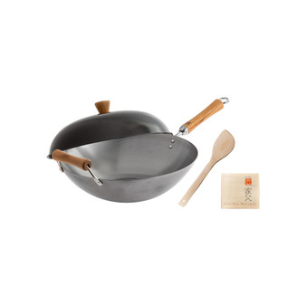 Classic Series Uncoated Carbon Steel 4-Pc. Wok Set with Lid and Birch Handles