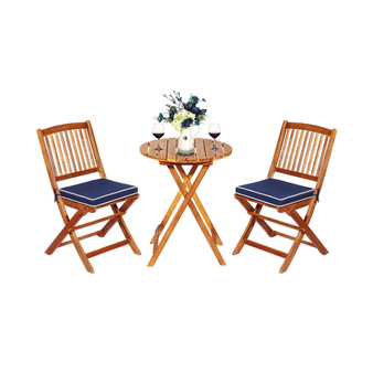 3PCS Patio Folding Wooden Bistro Set Cushioned Chair Conversation