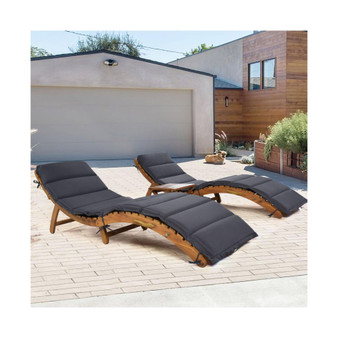 Outdoor Patio Wood Portable Extended Chaise Lounge Set with Foldable Tea Table for Balcony, Poolside, Garden, Brown Finish Dark Gray Cushion