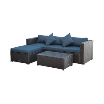 5-Piece Outdoor PE Rattan Wicker Patio Furniture Set, Cushions, Throw Pillows, 2 Corner Sections, 1 Stand Alone Section, 1 Ottoman Footrest, 1 Long Tempered Glass Center Coffee Table, Blue