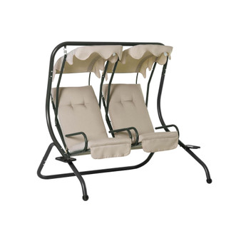 Modern 2-Seater Outdoor Patio Swing Chair, Porch Seats with Cup Holder and Removable Canopy, Beige