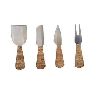 Rattan Stainless Steel 4 Piece Cheese Knives Set with Gift Box