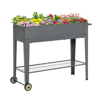 Elevated Plant Bed w/ Drainage Hole & Bottom Shelving for Tools, Grey