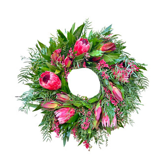 Fresh Real Bayleaf, Pepperberry and Pink Ice Proteas Spring Wreath