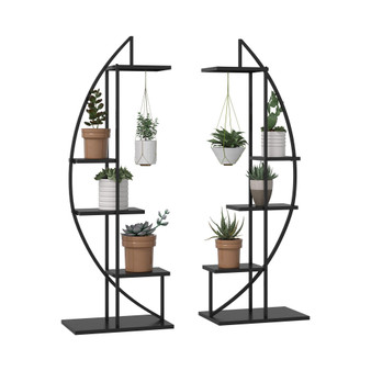 5 Tier Metal Plant Stand Half Moon Shape Ladder Flower Pot Holder Shelf for Indoor Outdoor Patio Lawn Garden Balcony Decor, 2 Pack, Black