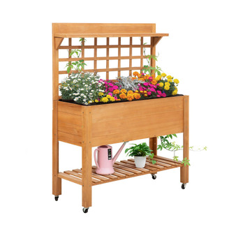 Outdoor Wooden Elevated Plant Bed w/ Shelves for Tool Storage & Wheels