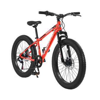 S24109 Elecony 24 Inch Fat Tire Bike Adult/Youth Full Shimano 7 Speeds Mountain Bike, Dual Disc Brake, High-Carbon Steel Frame, Front Suspension, Mountain Trail Bike, Urban Commuter City Bicycle