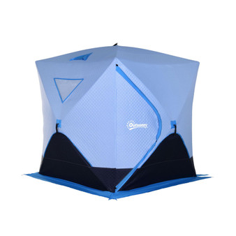 4 Person Ice Fishing Shelter with Padded Walls, Thermal Waterproof Portable Pop Up Ice Tent with 2 Doors, Light Blue