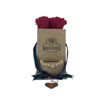 Gold-Tone Glitter Square Box with Drawer and 4 Red Real Preserved Roses