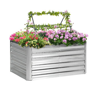 Raised Garden Bed with 2 Trellis Tomato Cages, Galvanized Elevated Planter Box with Reinforcing Rods, Elevated & Metal for Climbing Vines, Grapes, Vegetables, 4' x 3' x 2', Silver
