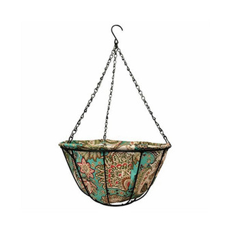 Hanging Basket with Blue, Brown Fabric Coco Liner 14