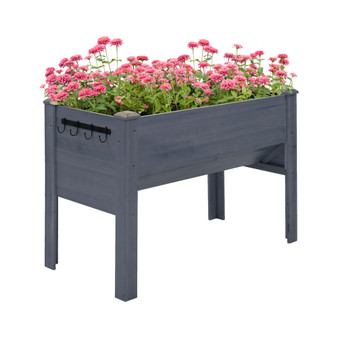 48" Raised Garden Bed with Hooks, 660lb Capacity Wood Elevated Planter Box with Water Draining and Liner, Funnel Design for Backyard Patio to Grow Vegetables, Herbs, Flowers, Gray