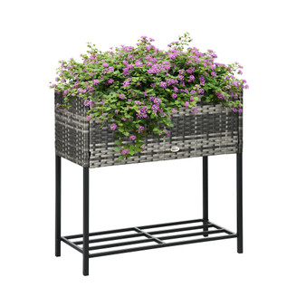 Elevated Metal Raised Garden Bed with Rattan Wicker Look, Underneath Tool Storage Rack, Sophisticated Modern Design, Gray