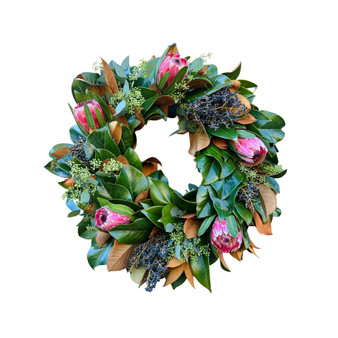 Fresh Real Magnolia and Pink Ice Protea Flower Spring Wreath