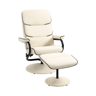 Recliner Chair with Ottoman, Swivel PU Leather High Back Armchair w/ Footrest Stool, 135° Adjustable Backrest and Thick Foam Padding for Home Office or Living Room, Cream White