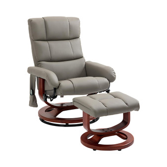 Recliner Chair with Ottoman, Electric Faux Leather Recliner with 10 Vibration Points and 5 Massage Mode, Reclining Chair with Swivel Wood Base, Remote Control and Side Pocket, Grey